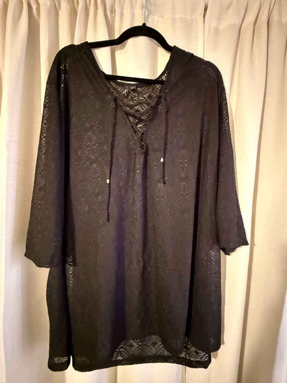 Swimsuit Coverup-Black Lace Crochet Tunic Top with V-Neck Tie